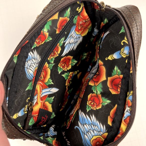 Vtg Red by Marc Ecko Sz 7"x5"x2" Handbag Clutch Buckles Brown Roses Crown Birds - Picture 4 of 16